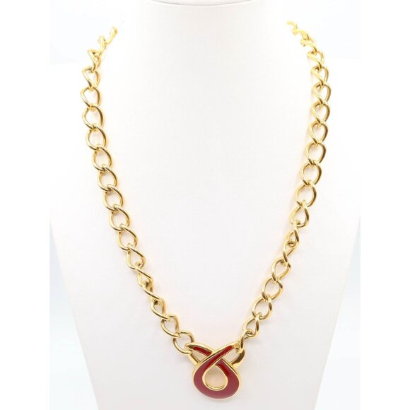 NAPIER Vintage Red Enamel Gold Tone Chain Pendant Necklace Chunky Swirl Knot 23" - Picture 1 of 12